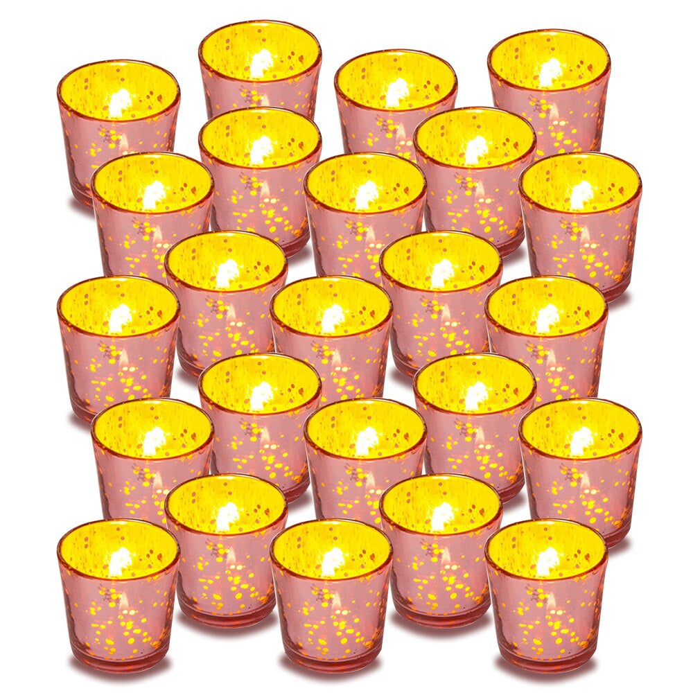 24 Pack | Vintage Mercury Glass Candle Holders (2.5-Inch, Lila Design, Liquid Motif, Rose Gold Pink) - For Use with Tea Lights - For Parties, Weddings and Homes