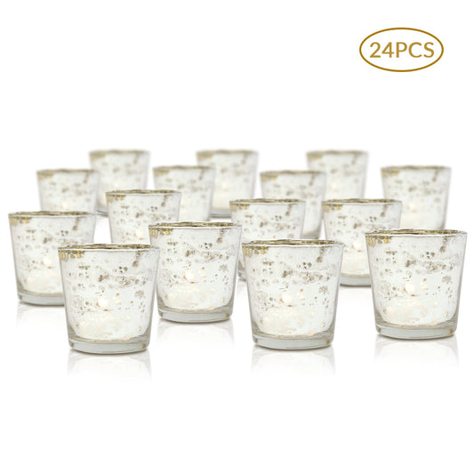 24 Pack | Vintage Mercury Glass Candle Holders (2.5-Inch, Lila Design, Liquid Motif, Silver) - For Use with Tea Lights - For Parties, Weddings and Homes
