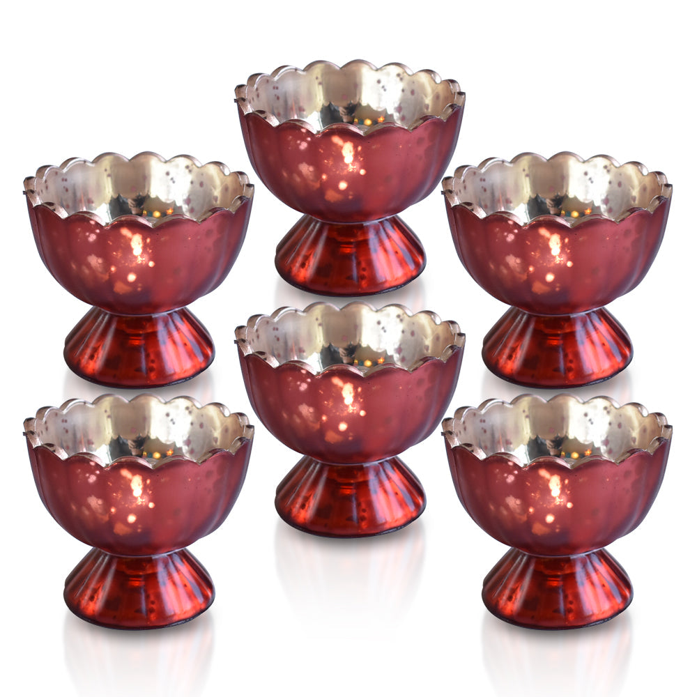 BLOWOUT 6 Pack | Vintage Mercury Glass Chalice Candle Holders (3-Inch, Suzanne Design, Sundae Cup Motif, Rustic Copper Red) - For Use with Tea Lights - For Home Decor, Parties and Wedding Decorations