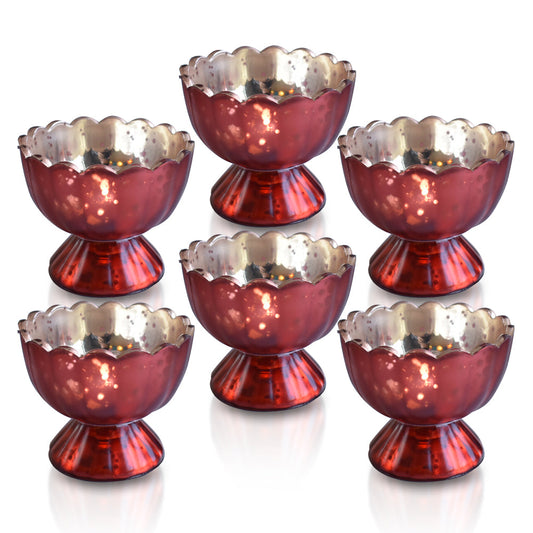 BLOWOUT 6 Pack | Vintage Mercury Glass Chalice Candle Holders (3-Inch, Suzanne Design, Sundae Cup Motif, Rustic Copper Red) - For Use with Tea Lights - For Home Decor, Parties and Wedding Decorations