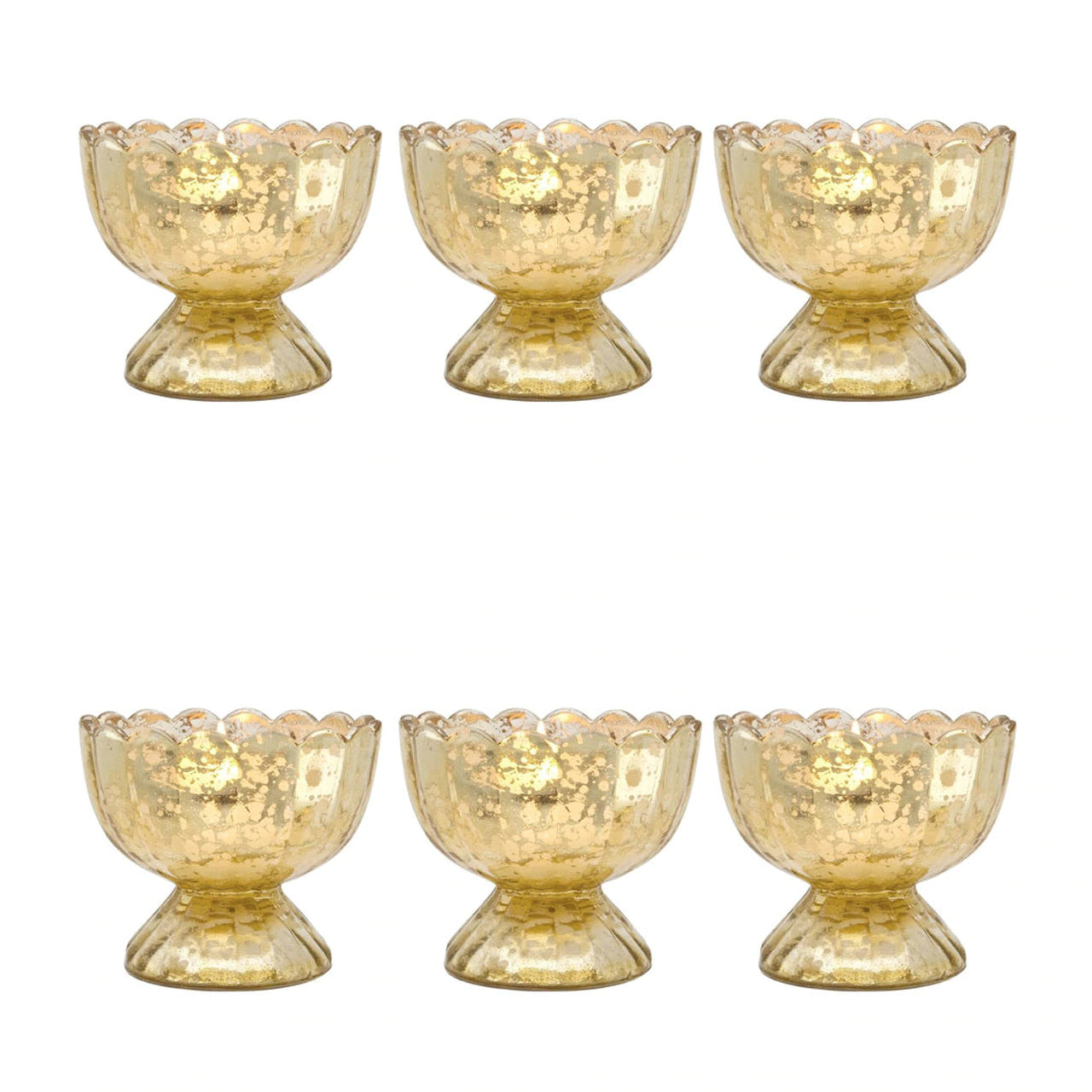 6 Pack | Vintage Mercury Glass Chalice Candle Holders (3-Inch, Suzanne Design, Sundae Cup Motif, Gold) - For Use with Tea Lights