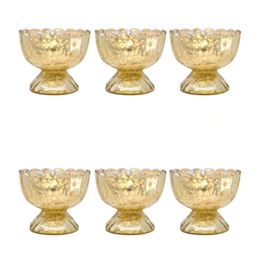 6 Pack | Vintage Mercury Glass Chalice Candle Holders (3-Inch, Suzanne Design, Sundae Cup Motif, Gold) - For Use with Tea Lights
