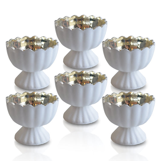 BLOWOUT 6 Pack | Vintage Mercury Glass Chalice Candle Holders (3-Inch, Suzanne Design, Sundae Cup Motif, Antique White) - For Use with Tea Lights - For Home Decor, Parties and Wedding Decorations