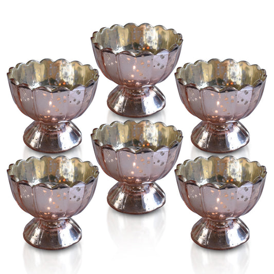 6 Pack | Vintage Mercury Glass Chalice Candle Holders (3-Inch, Suzanne Design, Sundae Cup Motif, Rose Gold Pink) - For Use with Tea Lights - For Home Decor, Parties and Wedding Decorations