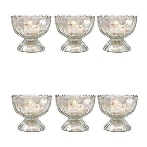 BLOWOUT 6 Pack | Vintage Mercury Glass Chalice Candle Holders (3-Inch, Suzanne Design, Sundae Cup Motif, Silver) - For Use with Tea Lights