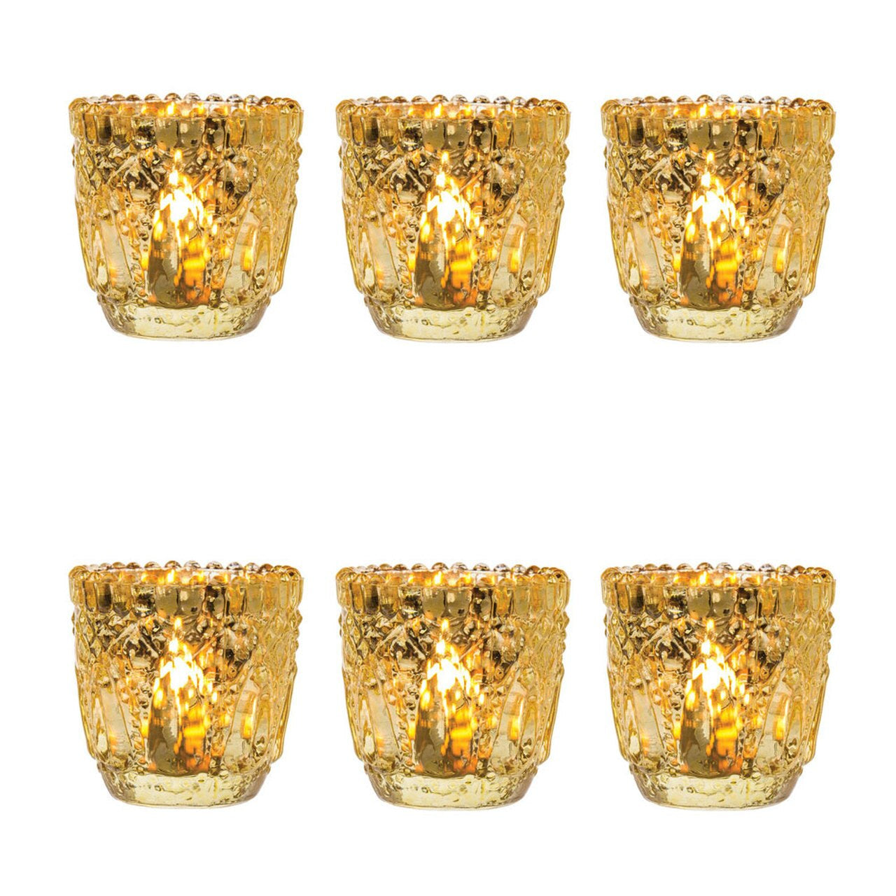 6 Pack | Faceted Vintage Mercury Glass Candle Holders (2.75-Inch, Lillian Design, Gold) - Use with Tea Lights - For Home Decor, Parties and Wedding Decorations