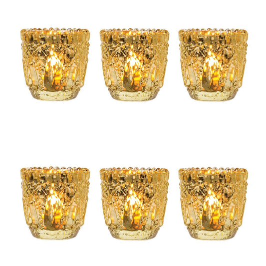 6 Pack | Faceted Vintage Mercury Glass Candle Holders (2.75-Inch, Lillian Design, Gold) - Use with Tea Lights - For Home Decor, Parties and Wedding Decorations