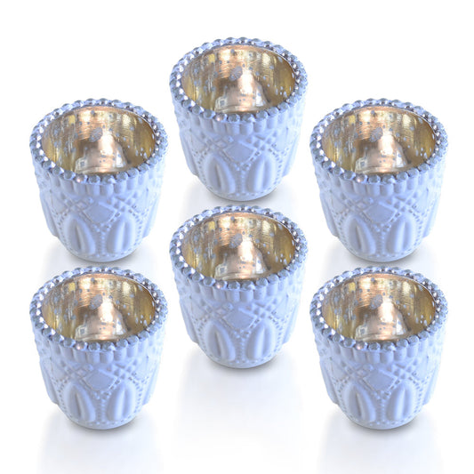 BLOWOUT 6 Pack | Faceted Vintage Mercury Glass Candle Holders (2.75-Inch, Lillian Design, Antique White) - Use with Tea Lights - For Home Decor, Parties and Wedding Decorations