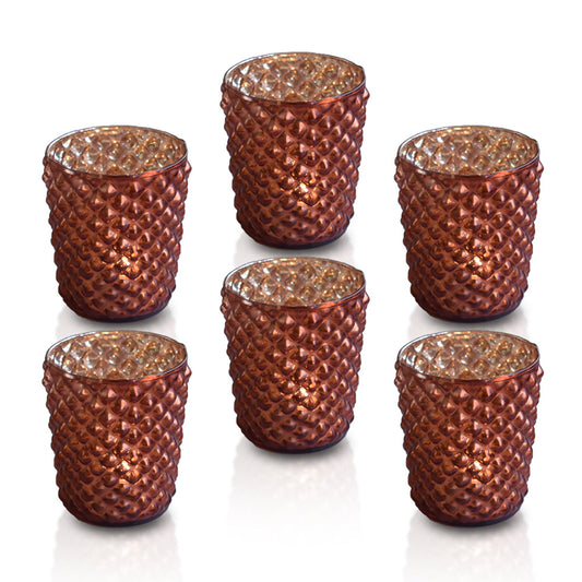 6 Pack | Vintage Mercury Glass Tealight Candle Holders (2.5-Inch, Zariah Design, Rustic Copper Red) - For Use with Tea Lights - For Home Decor, Parties and Wedding Decorations