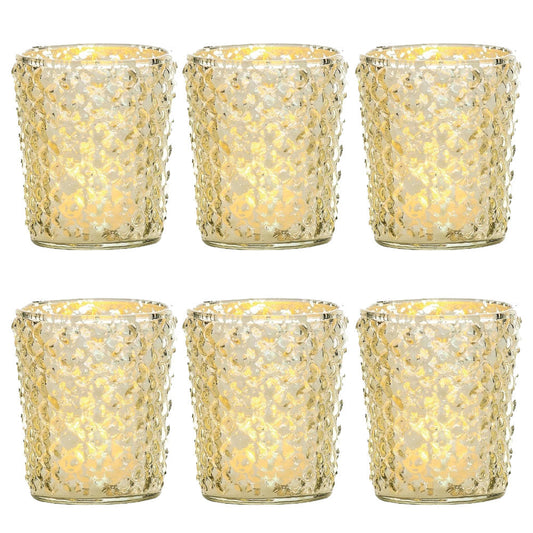 6 Pack | Vintage Mercury Glass Candle Holders (3-Inch, Zariah Design, Gold) - For Use with Tea Lights - For Home Decor, Parties, and Wedding Decorations