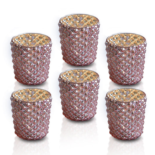 6 Pack | Vintage Mercury Glass Tealight Candle Holders (2.5-Inch, Zariah Design, Rose Gold Pink) - For Use with Tea Lights - For Home Decor, Parties and Wedding Decorations