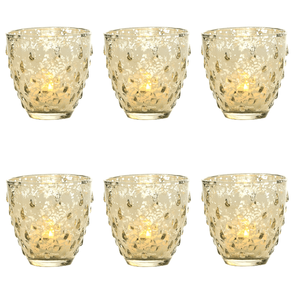 6 Pack | Vintage Mercury Glass Candle Holders (3.25-Inch, Small Deborah Design, Gold) - For Use with Tea Lights - For Home Decor, Parties and Wedding Decorations