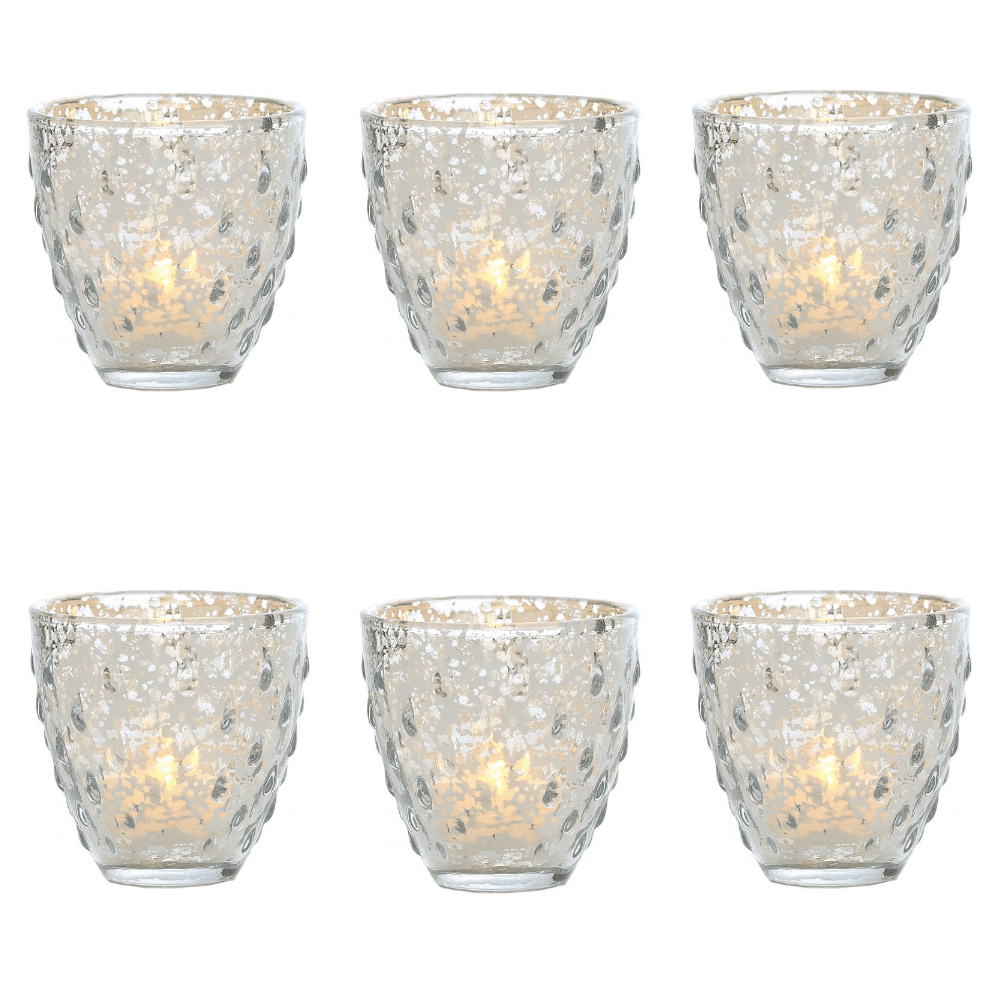 6 Pack | Vintage Mercury Glass Candle Holders (3.25-Inch, Small Deborah Design, Silver) - For Use with Tea Lights - For Home Decor, Parties, and Wedding Decorations