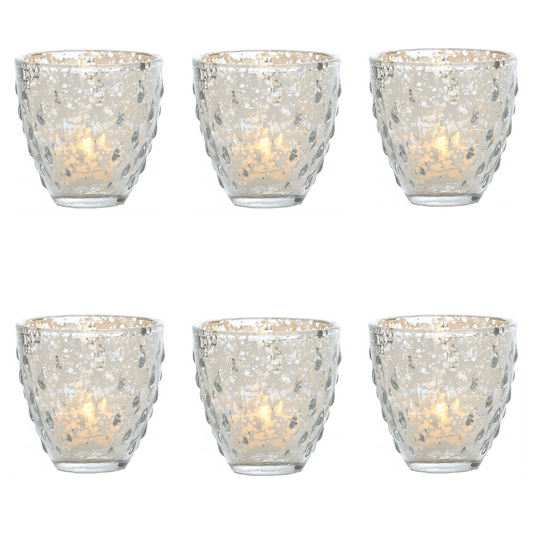 6 Pack | Vintage Mercury Glass Candle Holders (3.25-Inch, Small Deborah Design, Silver) - For Use with Tea Lights - For Home Decor, Parties, and Wedding Decorations