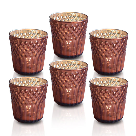 6 Pack | Mercury Glass Tealight Candle Holders (2.75-Inches, Ophelia Design, Rustic Copper Red) - For Use with Tea Lights - For Home Decor, Parties and Wedding Decorations