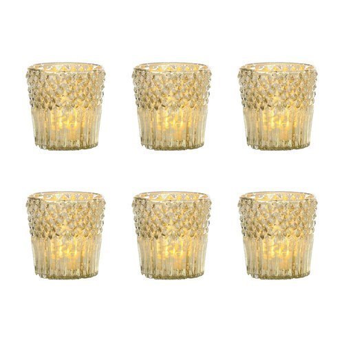 6 Pack | Mercury Glass Tealight Candle Holders (2.75-Inch, Ophelia Design, Gold) - For use with Tea Lights - For Home Decor, Parties and Wedding Decorations