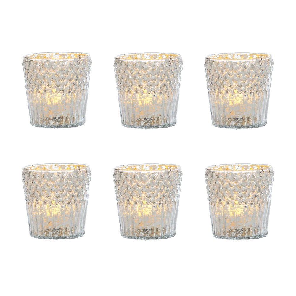 6 Pack | Vintage Mercury Glass Tealight Candle Holders (3-Inch, Ophelia Design, Silver) - For Use with Tea Lights - For Home Decor, Parties, Wedding Decorations