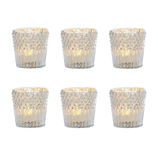 6 Pack | Vintage Mercury Glass Tealight Candle Holders (3-Inch, Ophelia Design, Silver) - For Use with Tea Lights - For Home Decor, Parties, Wedding Decorations