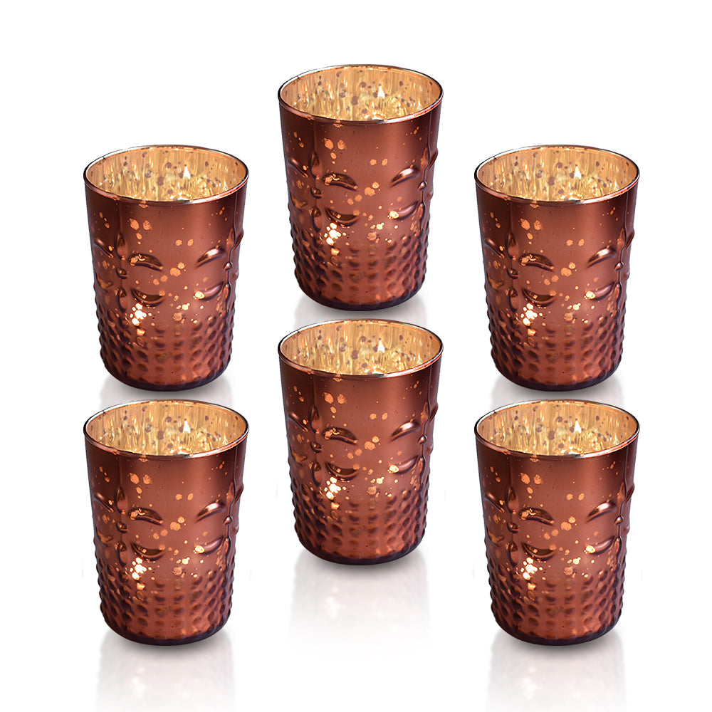 6 Pack | Fleur Mercury Glass Tealight Candle Holders (Rustic Copper Red) For Use with Tea Lights - For Home Decor, Parties and Wedding Decorations - Mercury Glass Votive Holders
