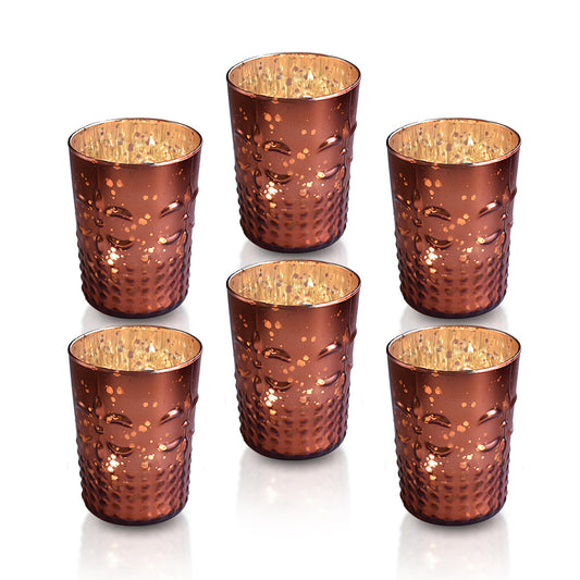 6 Pack | Fleur Mercury Glass Tealight Candle Holders (Rustic Copper Red) For Use with Tea Lights - For Home Decor, Parties and Wedding Decorations - Mercury Glass Votive Holders