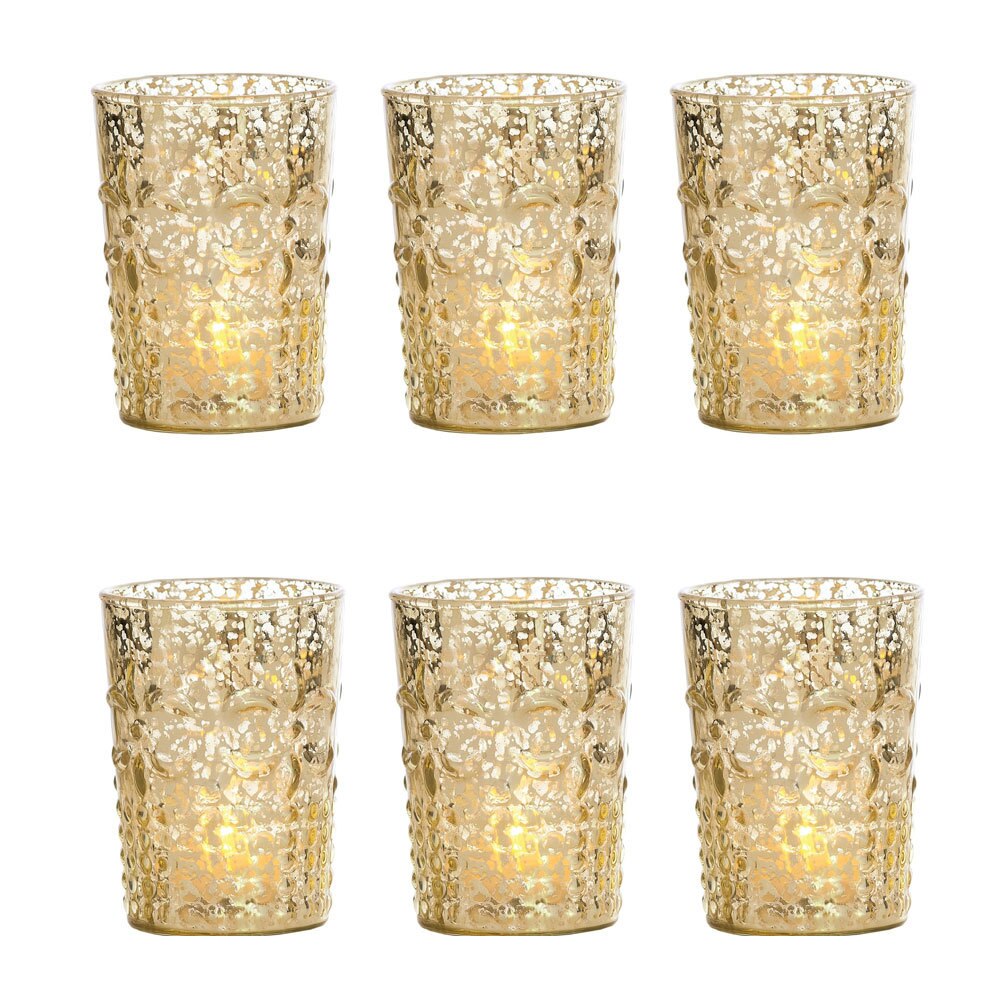 6 Pack | Vintage Mercury Glass Candle Holders (4-Inch, Fleur Design, Flower Motif, Gold) - For Home Decor, Party Decorations, and Wedding Centerpieces