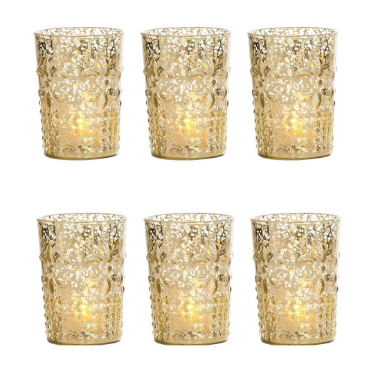 6 Pack | Vintage Mercury Glass Candle Holders (4-Inch, Fleur Design, Flower Motif, Gold) - For Home Decor, Party Decorations, and Wedding Centerpieces