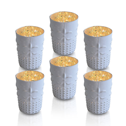 BLOWOUT 6 Pack | Mercury Glass Tealight Candle Holders (3-Inch, Fleur Design, Antique White) For Use with Tea Lights