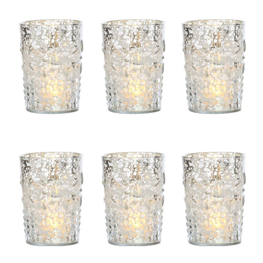6 Pack | Vintage Mercury Glass Candle Holder (4-Inch, Fleur Design, Flower Motif, Silver) - For Home Decor, Party Decorations and Wedding Centerpieces