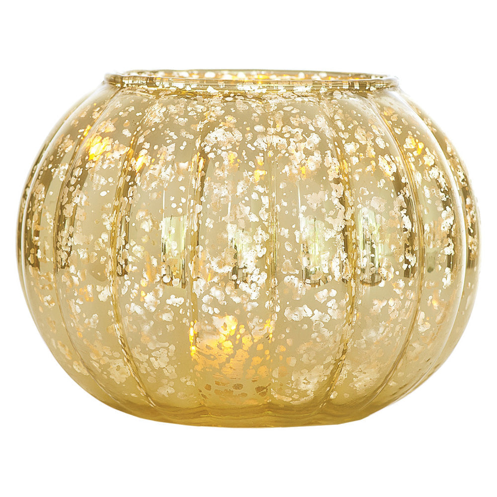 Large Vintage Mercury Glass Candle Holder (5-Inch, Autumn Design, Gold) - Decorative Candle Holder - For Parties, Weddings, and Homes