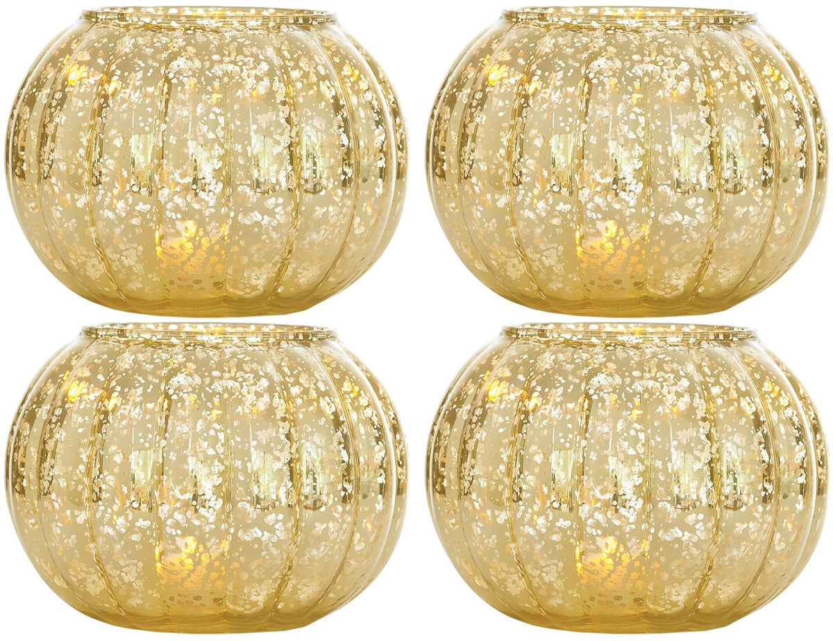 4 Pack | Small Vintage Mercury Glass Candle Holders (3.5-Inch, Autumn Design, Gold) - For Home Decor, Party Decorations, and Wedding Centerpieces
