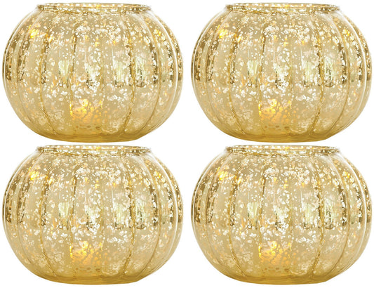4 Pack | Small Vintage Mercury Glass Candle Holders (3.5-Inch, Autumn Design, Gold) - For Home Decor, Party Decorations, and Wedding Centerpieces