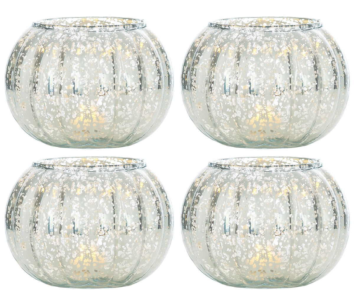 4 Pack | Small Vintage Mercury Glass Candle Holders (3.5-Inch, Autumn Design, Silver) - For Home Decor, Party Decorations, and Wedding Centerpieces
