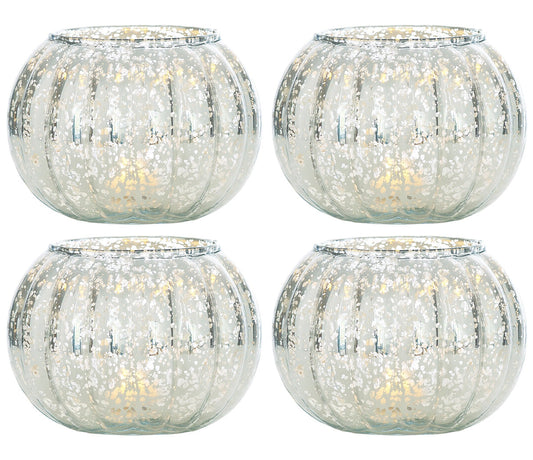 4 Pack | Small Vintage Mercury Glass Candle Holders (3.5-Inch, Autumn Design, Silver) - For Home Decor, Party Decorations, and Wedding Centerpieces