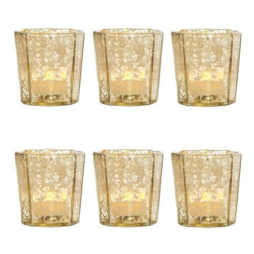 6 Pack | Vintage Mercury Glass Tealight Candle Holders (2.75-Inch, Patricia Design, Gold) - For Use with Tea Lights - For Home Decor, Parties, and Wedding Decorations