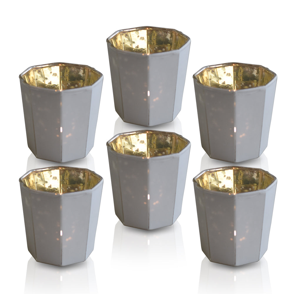 BLOWOUT 6 Pack | Mercury Glass Tealight Candle Holders (2.75-Inches, Patricia Design, Antique White) For Use with Tea Lights - For Home Decor, Parties and Wedding Decorations - Mercury Glass Votive Holders