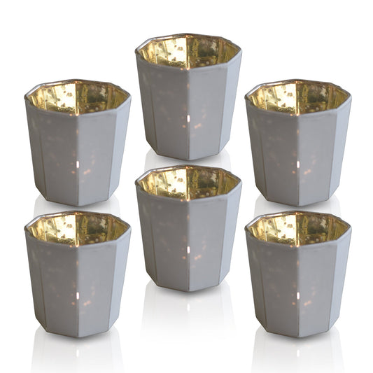 BLOWOUT 6 Pack | Mercury Glass Tealight Candle Holders (2.75-Inches, Patricia Design, Antique White) For Use with Tea Lights - For Home Decor, Parties and Wedding Decorations - Mercury Glass Votive Holders