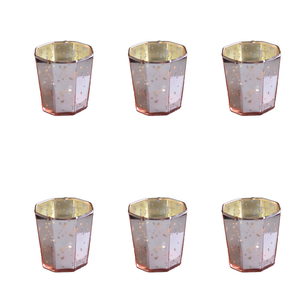 6 Pack | Mercury Glass Tealight Candle Holders (2.75-Inches, Patricia Design, Rose Gold Pink) For Use with Tea Lights - For Home Decor, Parties and Wedding Decorations - Mercury Glass Votive Holders