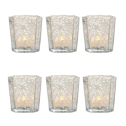 6 Pack | Vintage Mercury Glass Tealight Candle Holders (2.75-Inch, Patricia Design, Silver) - For Use with Tea Lights - For Home Decor, Parties, and Wedding Decorations