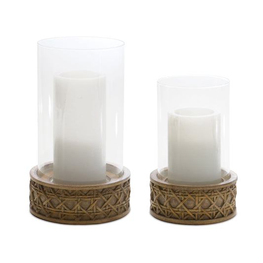 Wicker Design Candle Holder with Glass Hurricane, Set of 2