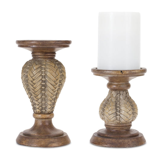Woven Wood Design Candle Holder, Set of 2